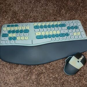 Ergonomic Wireless Keyboard and Mouse Set - Blue and Yellow